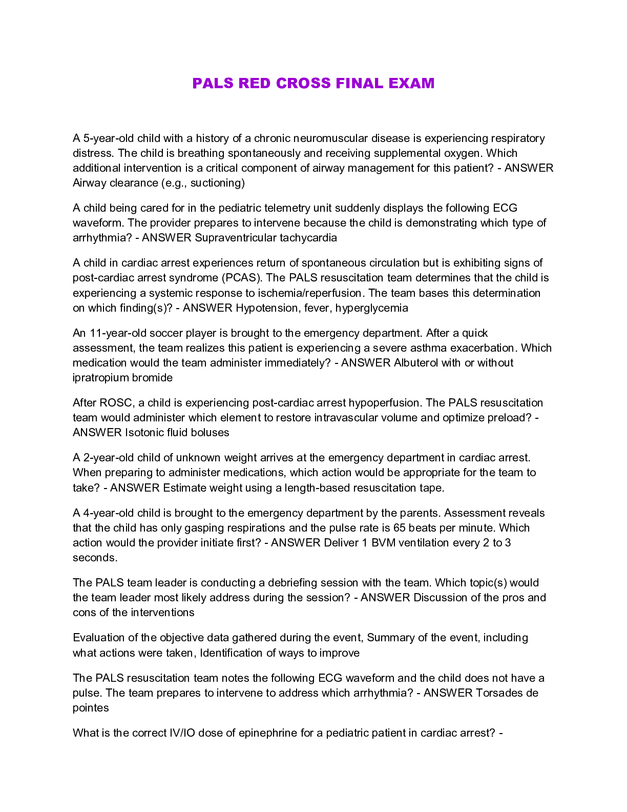 Preview image for PALS RED CROSS FINAL EXAM QUESTIONS AND ANSWERS Download To Prevail